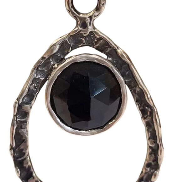 Tear Drop Pierced Earrings Hammered Silver Round Black Stone 2 inch drop - Picture 8 of 13